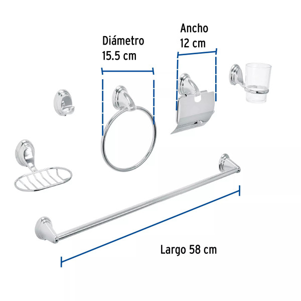 Juego de 6 accesorios p/baño cromo chapetón ovalado, AQUA