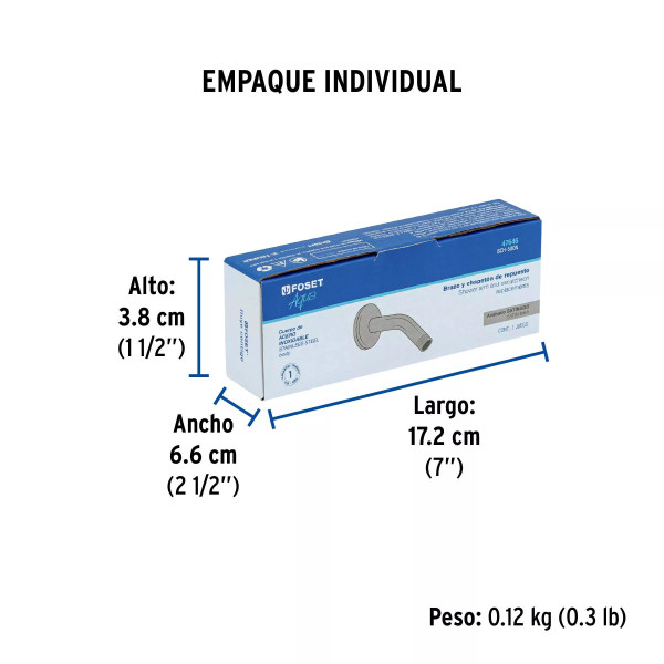 Brazo corto con chapetón para regadera, satín, FOSET AQUA