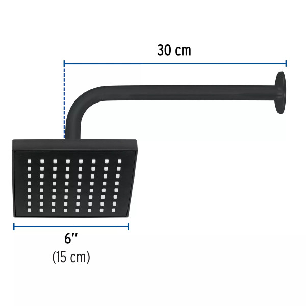 Regadera cuadrada 6", ABS, con brazo y chapetón, negro, AQUA
