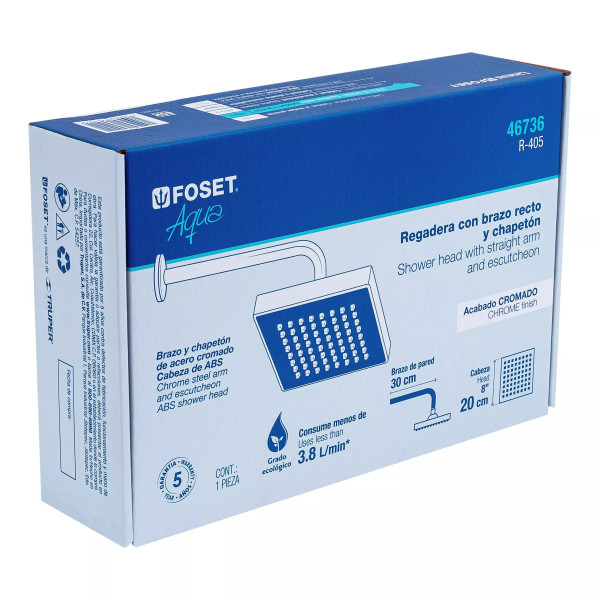 ‣ Regadera cuadrada 8" ABS cromo, con brazo y chapetón | Foset
