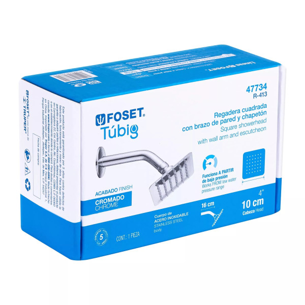 Regadera cuadrada 4", acero inox, con brazo, cromo, TÚBIG