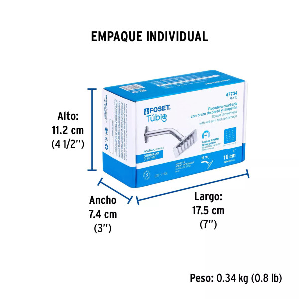 Regadera cuadrada 4", acero inox, con brazo, cromo, TÚBIG