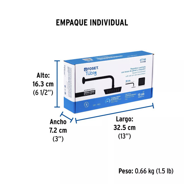 Regadera cuadrada 6", acero inox, con brazo, negro, TÚBIG