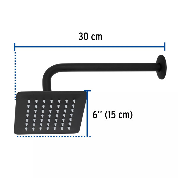 Regadera cuadrada 6", acero inox, con brazo, negro, TÚBIG