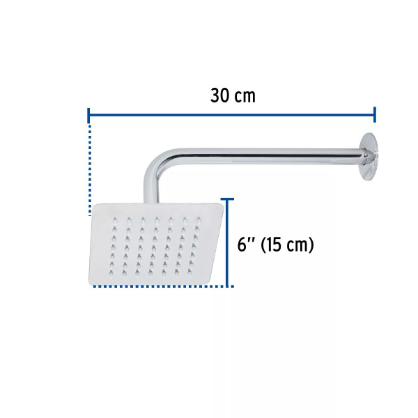 Regadera cuadrada 6", acero inox, con brazo, cromo, TÚBIG