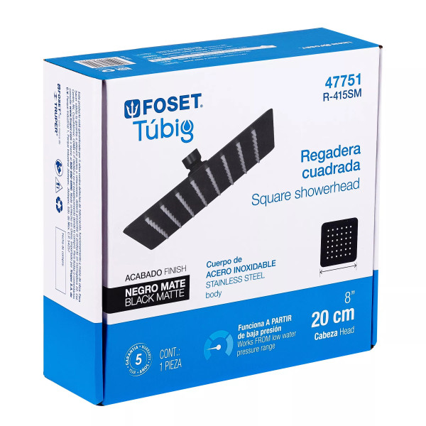 Regadera cuadrada 8", acero inox, sin brazo, negro, TÚBIG