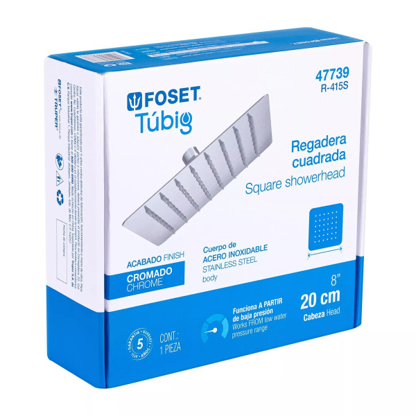 ‣ Regadera cuadrada 8" acero inox sin brazo, cromo | Foset