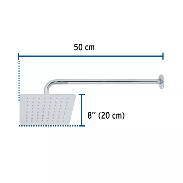 Regadera cuadrada 8", acero inox, con brazo, cromo, TÚBIG
