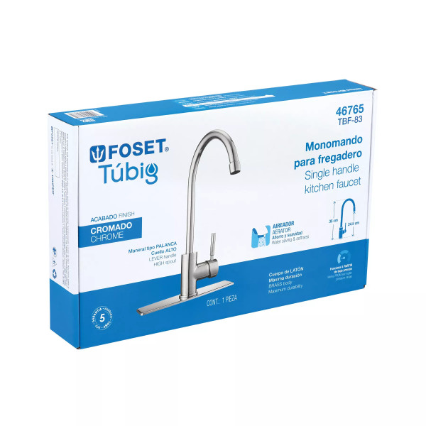 Monomando para fregadero, cuello alto, cromo, FOSET TÚBIG