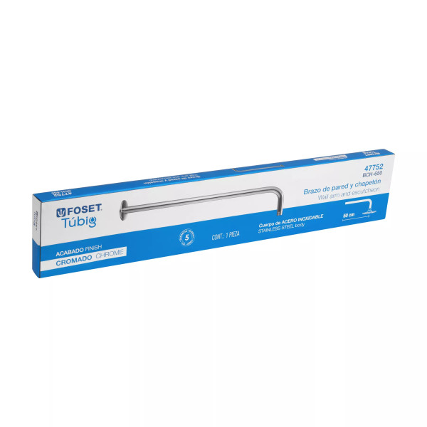 Brazo recto 50 cm con chapetón para regadera, cromo, FOSET