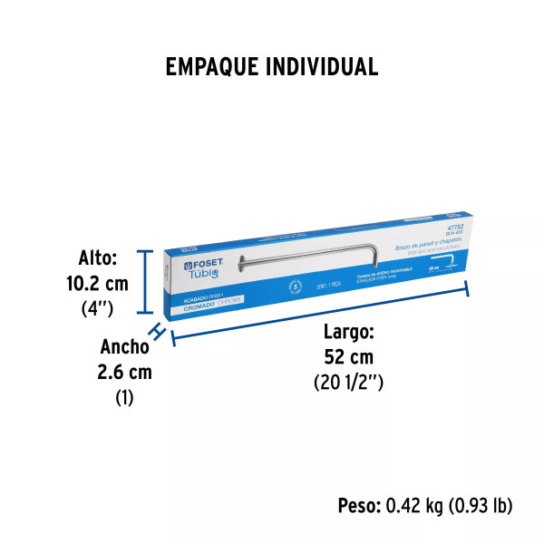 Brazo recto 50 cm con chapetón para regadera, cromo, FOSET
