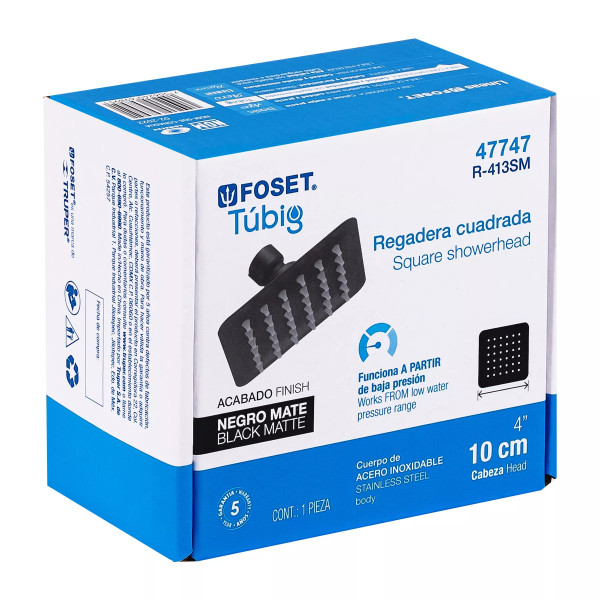 Regadera cuadrada 4", acero inox, sin brazo, negro, TÚBIG