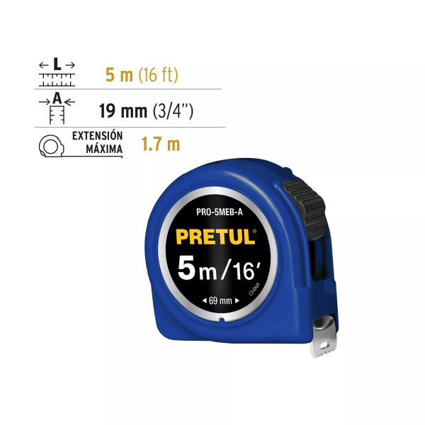 Flexómetro Azul 5 M Cinta 19 Mm, En Tarjeta, Pretul | Flexómetros / Cintas Metricas Ferreterias Ferretodo