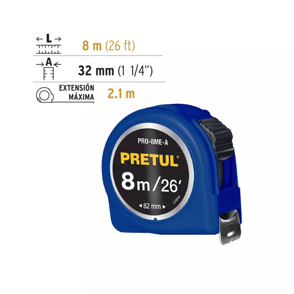 Flexómetro Azul 8 M Cinta 25 Mm, En Tarjeta, Pretul | Flexómetros / Cintas Metricas Ferreterias Ferretodo