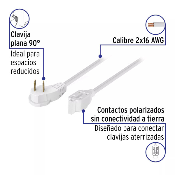 Extensión eléctrica doméstica 5 m clavija plana, blanca
