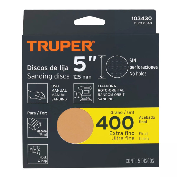 Paquete con 5 discos de lija 5" grano 400, ciegos, TRUPER