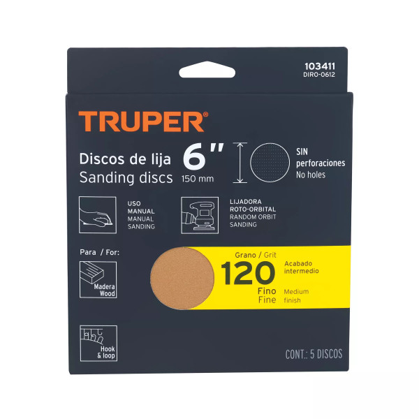 Paquete c/5 discos de lija 6" grano 120, ciegos