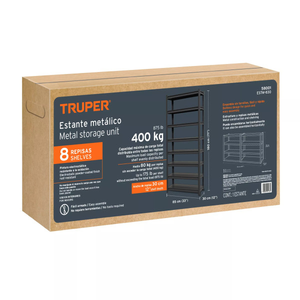Estante metálico 8 repisas capacidad 80 Kg,180x30x85, TRUPER
