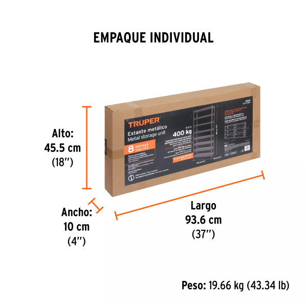 Estante metálico 8 repisas capacidad 80 Kg,180x30x85, TRUPER
