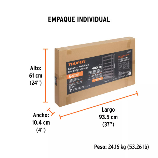 Estante metálico 8 repisas capacidad 80 Kg,180x45x85, TRUPER
