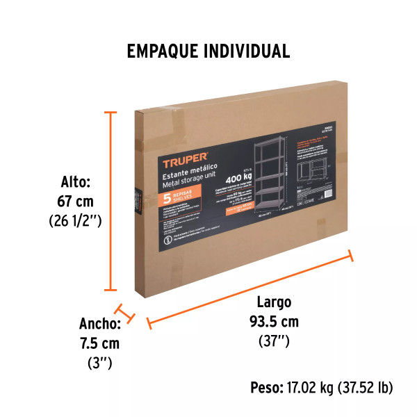 Estante metálico 5 repisas capacidad 80 Kg,180x45x85, TRUPER