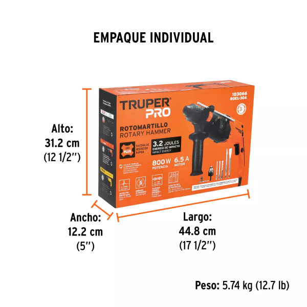 Rotomartillo SDS Plus 3.2 Joules, 800W, TRUPER PRO
