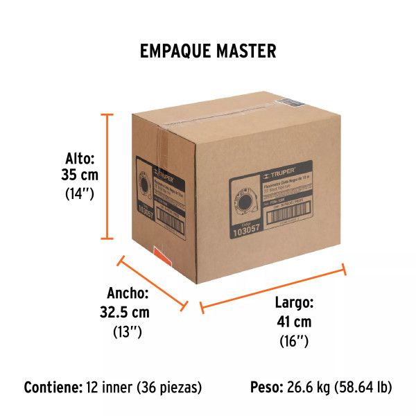 Flexómetro contra impactos 10 m, Cinta Negra 32 mm, Truper