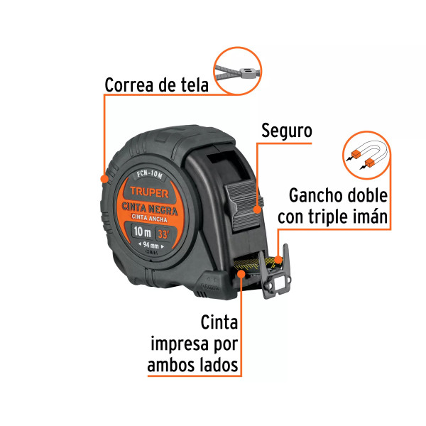Flexómetro contra impactos 10 m, Cinta Negra 32 mm, Truper