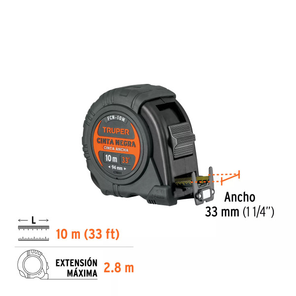 Flexómetro contra impactos 10 m, Cinta Negra 32 mm, Truper
