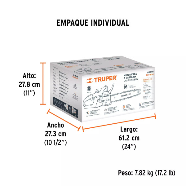 Motosierra 50 cc a gasolina con barra de 16", Truper