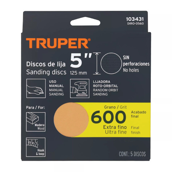 Paquete con 5 discos de lija 5" grano 600, ciegos, TRUPER