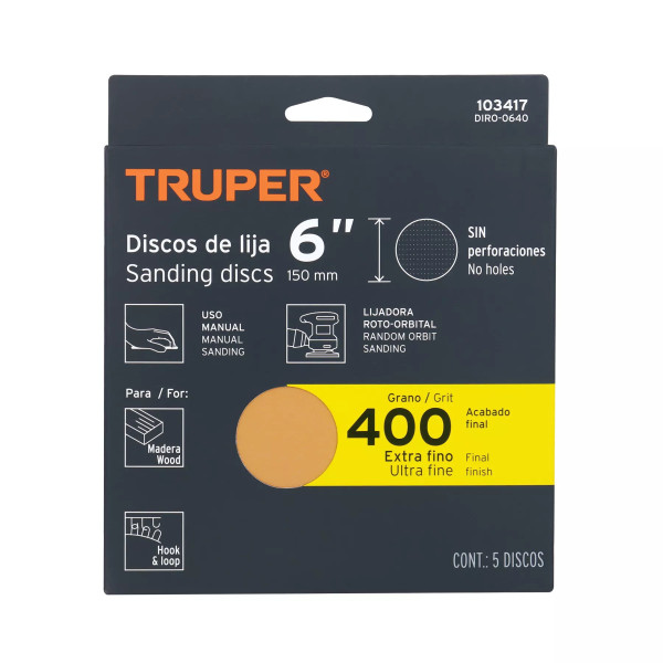 Paquete c/5 discos de lija 6" grano 400, ciegos