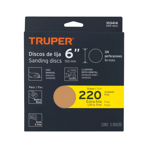 Paquete c/5 discos de lija 6" grano 220, ciegos