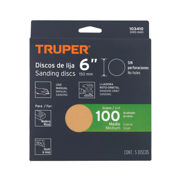 Paquete c/5 discos de lija 6" grano 100, ciegos
