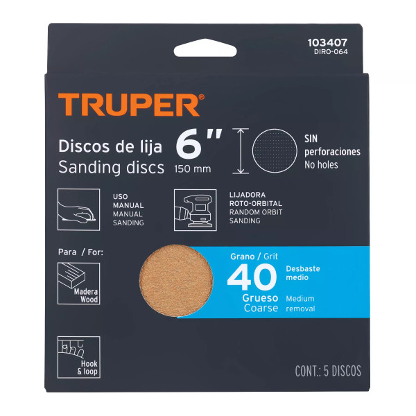 Paquete c/5 discos de lija 6" grano 40, ciegos