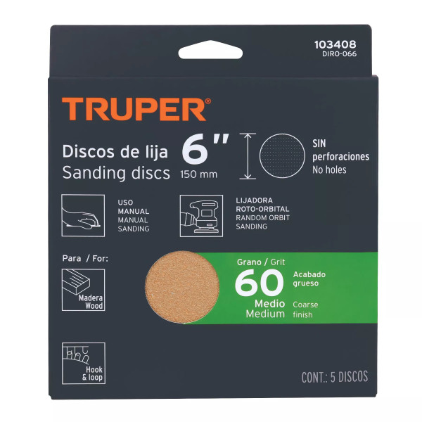 Paquete c/5 discos de lija 6" grano 60, ciegos