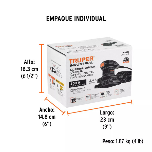 Lijadora orbital 1/4 hoja, 300W, TRUPER INDUSTRIAL