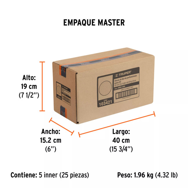 Paquete con 5 discos de lija 5" grano 60, ciegos, TRUPER