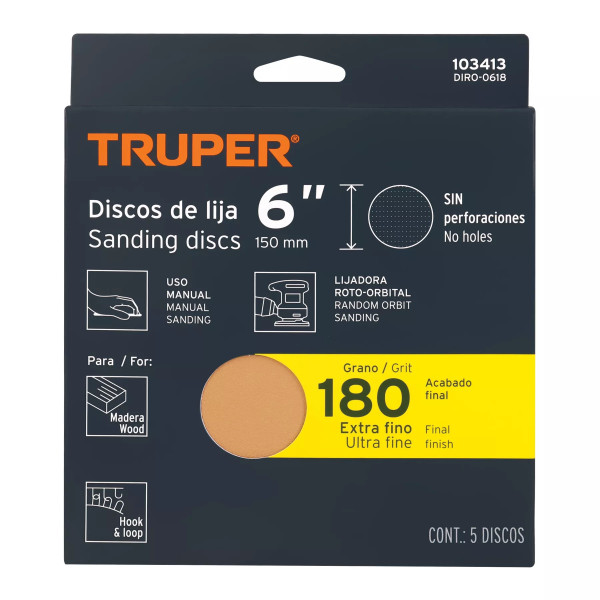 Paquete c/5 discos de lija 6" grano 180, ciegos
