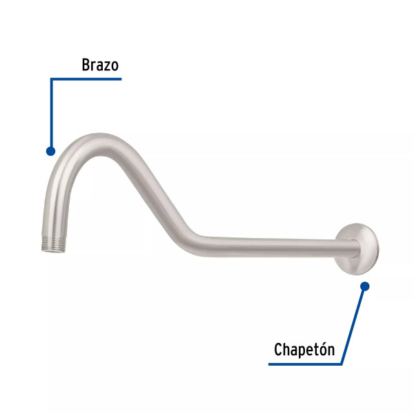 Brazo y chapetón tipo gancho para regadera, 50 cm, satinado