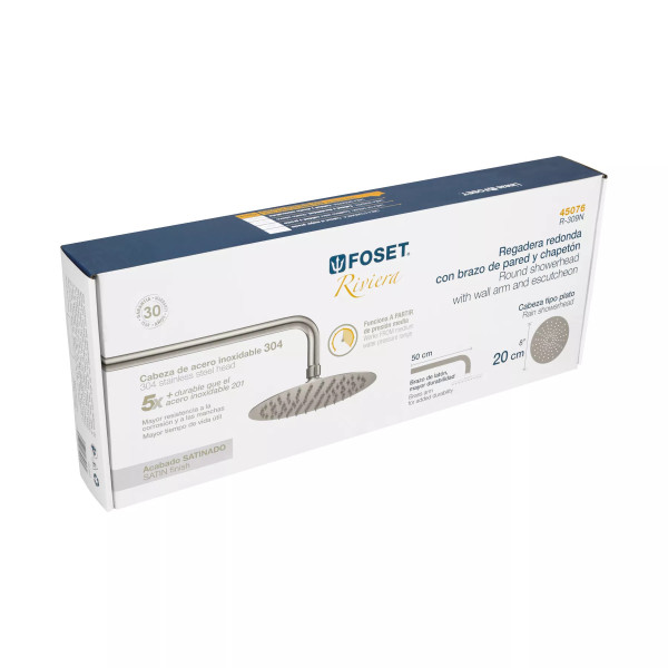 Regadera plato redondo 8" con brazo, satín, FOSET RIVIERA
