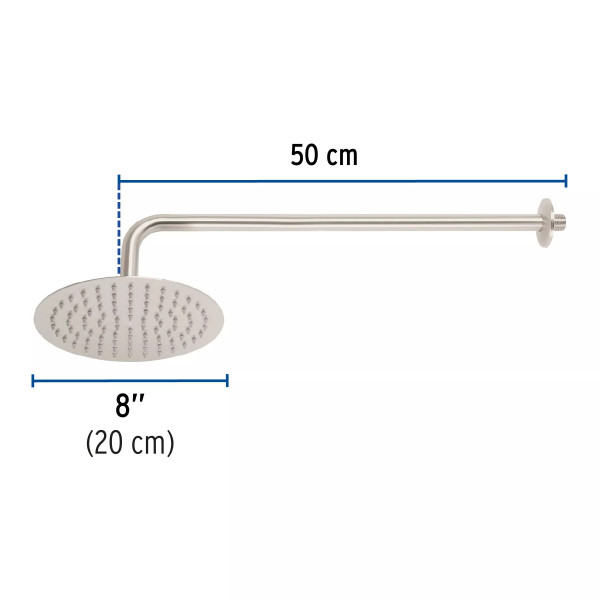Regadera plato redondo 8" con brazo, satín, FOSET RIVIERA
