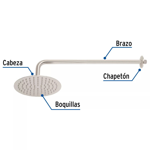Regadera plato redondo 8" con brazo, satín, FOSET RIVIERA