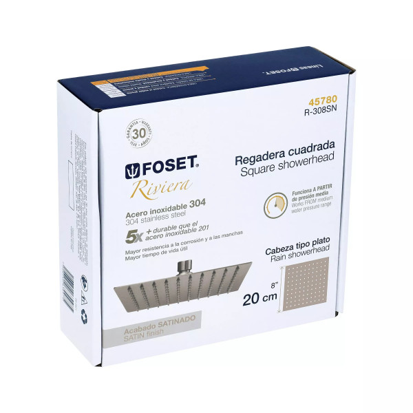 Regadera plato cuadrado 8" sin brazo, satín, FOSET RIVIERA
