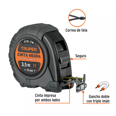 ‣ Flexómetro 3 m contra impactos, Cinta Negra 13 mm | Truper