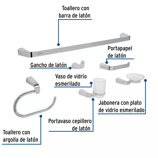 ‣ Juego 6 accesorios baño cromo RIVIERA | Foset