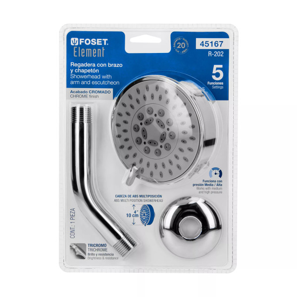 Regadera cromo 4"con 5 funciones, con brazo, FOSET ELEMENT