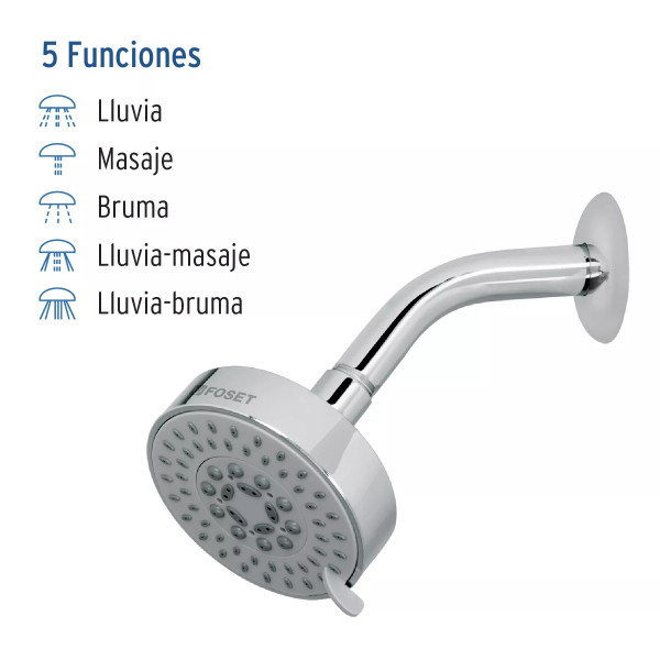 Regadera cromo 4"con 5 funciones, con brazo, FOSET ELEMENT