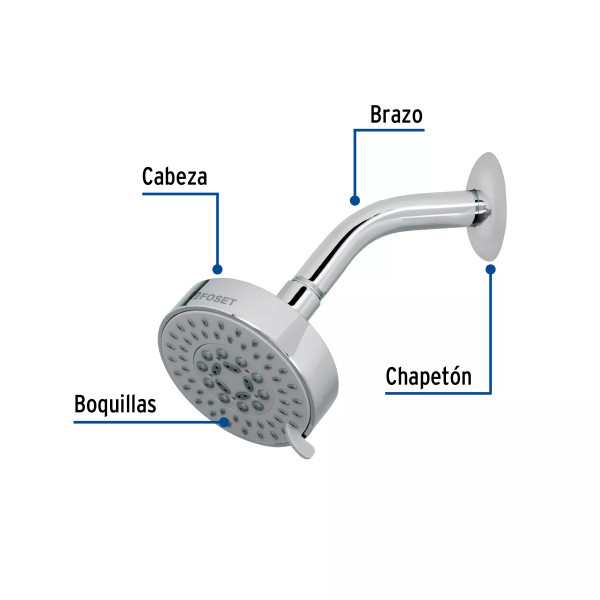 Regadera cromo 4"con 5 funciones, con brazo, FOSET ELEMENT