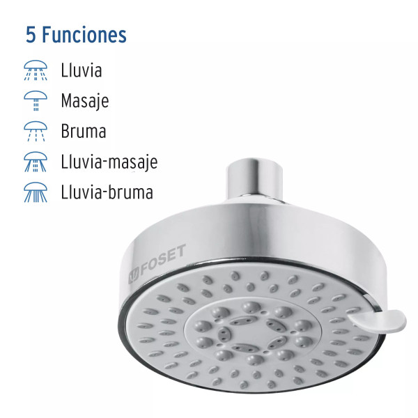 Regadera cromo 4"con 5 funciones, sin brazo, FOSET ELEMENT